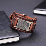Pulsera de cuero ancha con brújula de acero inoxidable estilo pirata vintage para hombre
