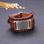 Pulsera de cuero ancha con brújula de acero inoxidable estilo pirata vintage para hombre