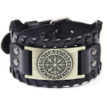 Pulsera de cuero ancha con brújula de acero inoxidable estilo pirata vintage para hombre