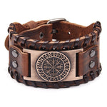 Pulsera de cuero ancha con brújula de acero inoxidable estilo pirata vintage para hombre