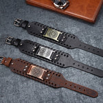 Pulsera de cuero ancha con brújula de acero inoxidable estilo pirata vintage para hombre