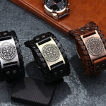 Pulsera de cuero ancha con brújula de acero inoxidable estilo pirata vintage para hombre